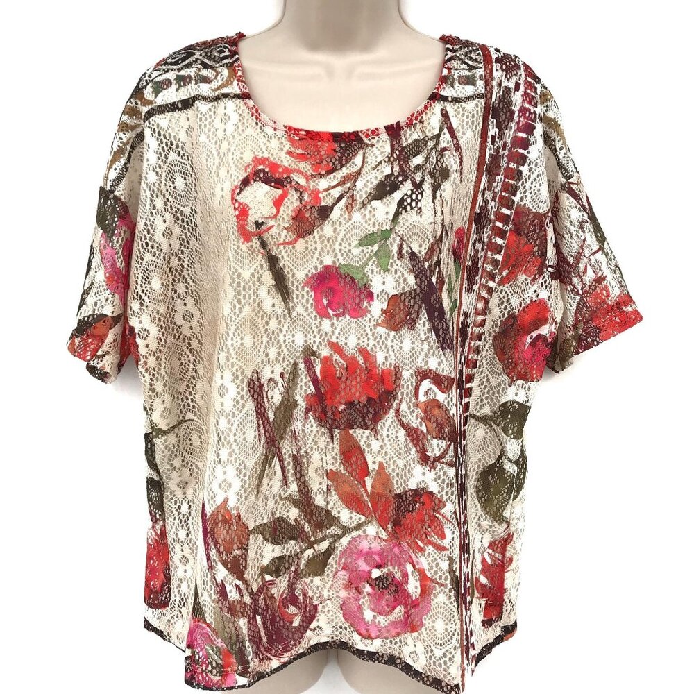 Christopher & Banks Cream Floral Print Eyelet Lace Overlay Blouse Size S
